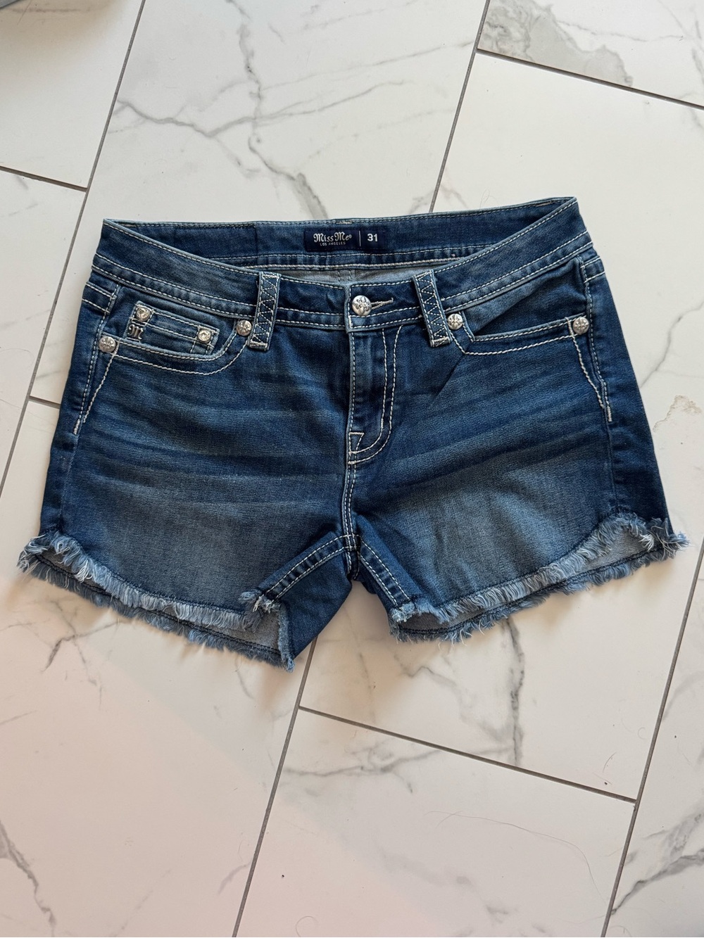 Miss Me Blue Frayed Hem Denim Shorts